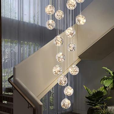 Imagem de Lustre de LED com 15 bolas de vidro, luminária pendente de escada, luzes longas para pendurar Gypsophila criativas de 75 W, lustres de comprimento ajustável, luzes de teto modernas na villa, escadas e