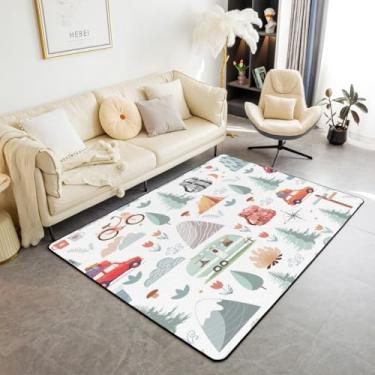 Imagem de Tapete de área temática de campista infantil 12 x 17 cm, tapetes de sala de estar, tapete de decoração de carro de viagem, tapete de decoração de trailer, flores botânicas aventura montanha conjunto de tapetes antiderrapantes, tapete de acampamento bonito para ambientes internos decoração de quarto