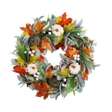 Imagem de IEUDNS Guirlanda de outono para porta da frente, folhas de bordo artificiais, 45 cm, guirlanda de colheita, abóboras de espuma para jardim, ambientes