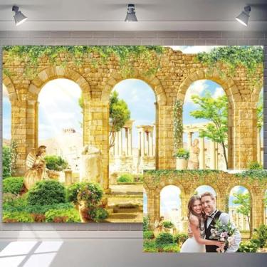 Imagem de 2,1 x 1,5 m romântico palácio da Grécia cenário de jardim vintage arco de pedra fotografia fundo flores coloridas folhas verdes estátuas pilar ruínas pano de fundo retrô jardim grego adultos retrato
