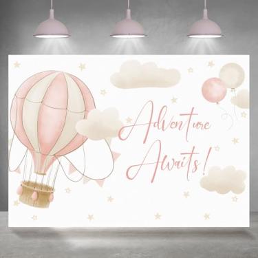 Imagem de Rsuuinu Adventure Awaits Pano de fundo para chá de bebê para meninas, balão de ar quente, nuvem, estrelas, fotografia, chá de bebê, decoração de festa, banner, mesa de bolo, suporte de estúdio 2,1 x