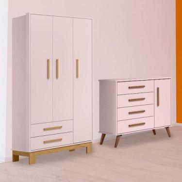 Imagem de Infantil Guarda Ropa Slim e Cômoda Sapateira Retro Rosa - Qmovi