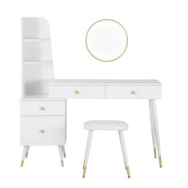Imagem de Escrivaninha de penteadeira Mesa de vaidade maquiagem com espelho e banco, prateleira armazenamento mesa branca moderna, 4 gavetas, penteadeira quarto, 1 conjunto