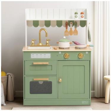 Imagem de Mini Cozinha Educativa de Madeira ROBUD para Crianças, com Torneira Dourada, Pia, Forno, Fogão, Armário, Estilo Vintage - Presente