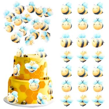 Imagem de Rsstarxi 60 Pack Edible Bumble Bee Cupcake Toppers Waper Paper Honey Bee Cupcake Picks Oh Babee Cake Decoration for Bee Theme Baby Shower Boys Girls Birthday Party Cake Decorations