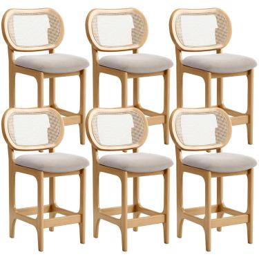 Imagem de Kit 6 Banquetas Baixa Bar Cozinha Sala de Jantar Betta L02 Mel Tela Bouclê Creme - Lyam Decor