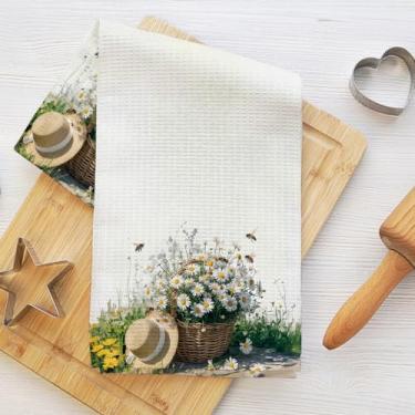Imagem de Toalhas de cozinha margaridas, toalha de mão macia absorvente, panos artísticos de waffle para cozinha, banheiro, sala de estar, casa, presentes de inauguração de casa para mulheres, mãe e tia
