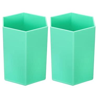 Imagem de Porta-lápis, pacote com 2 canetas de plástico, porta-pincéis de maquiagem, porta-copos, hexágono, organizador de mesa, suporte de papelaria para escritório em casa, verde