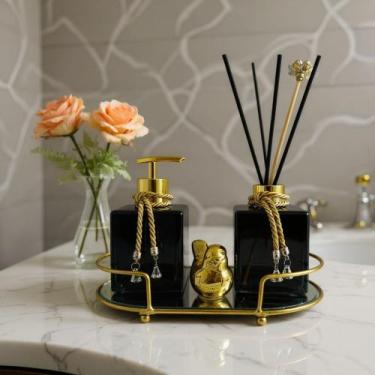 Imagem de Kit Lavabo Banheiro Com Difusor Saboneteira e Bandeja Super Luxo Preto