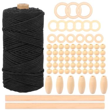 Imagem de Kit de 74 peças de macramê DIY kit de pendurar na parede de macramê kit completo para iniciantes com corda de algodão, contas de madeira, anéis para adultos iniciantes (preto)