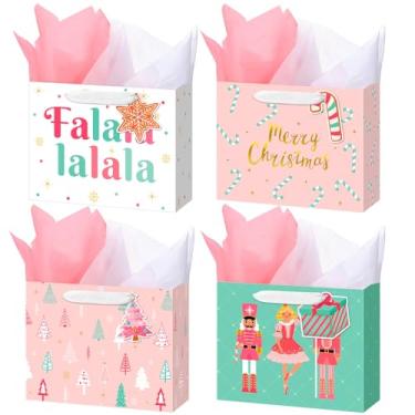Imagem de AmazingSpark 16 sacos de papel kraft para presente de Natal com alças de etiquetas de papel de seda grandes sacos de Natal com alça de fita para embrulho de presente, 24 x 19 x 10 cm (clássico)