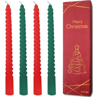Imagem de Topsics Pacote com 4 velas cônicas de Natal, 25,4 cm sem cheiro, 2 velas altas vermelhas espirais, 2 velas verdes, castiçais para decoração de Natal