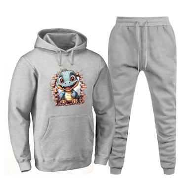 Imagem de Conjunto Plus Size Moletom Masculino Numeraçao Especial Estampa Dinossauro Blusa Canguru e Calça