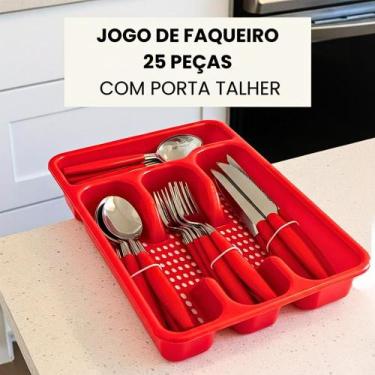 Imagem de Faqueiro Conjunto Jogo de Talheres 25 Peças Aço Inox com Porta Talher 