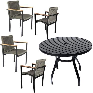 Imagem de Jogo De Mesa Ripada 1,00m 4 Poltronas Amélia Corda Náutica Para Jantar Jardim Piscina Cinza