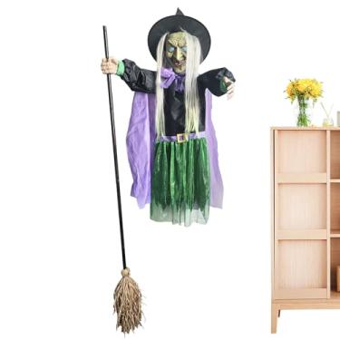 Imagem de Decoração de Halloween de bruxa voadora - Decorações assustadoras de vassoura de bruxa com olhos iluminados, adereços assustadores para festas de jardim, jardim, quintal, , pátio, interior