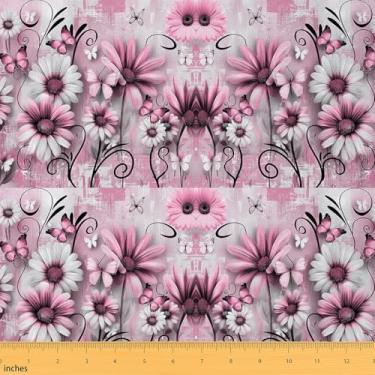 Imagem de Feelyou Tecido rústico de casa de fazenda para adultos da The Yard Kids 2 jardas rosa margarida floral flores borboleta estofamento arte abstrata moderna para projetos de casa DIY, decoração interna e