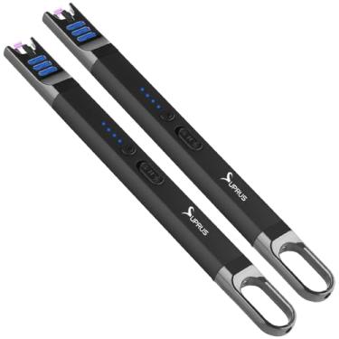 Imagem de SUPRUS Isqueiro elétrico de vela à prova de vento recarregável USB sem chamas com luz LED para acampamento e churrasco (preto, 2 unidades)
