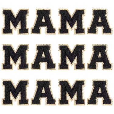 Imagem de FINGERINSPIRE 12 peças de adesivos Mama Letters Chenille 2 estilos passar/costurar em letras de personagens pretas, apliques de costura, enfeite de chenille com borda dourada para decoração de