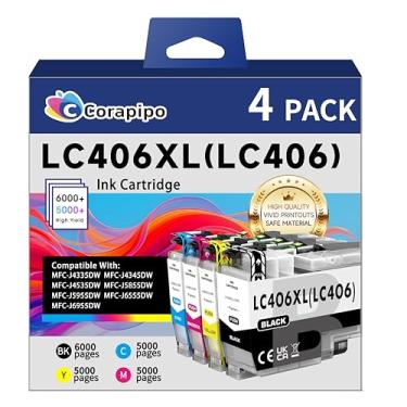 Imagem de Cartuchos de tinta LC406 / LC406XL compatíveis com impressora Brother Ink LC406 LC406 XL MFC-J4335DW Funciona para impressoras MFC-J6555DW MFC-J6955DW MFC-J4335DW MFC-J5855DW (pacote com 4, LC406 XL)