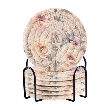 Imagem de Qilmy Conjunto de 6 peças para copos de peônias bonitas ou porta-copos de bar para bebidas, porta-copos de fazenda ou porta-copos de mesa rústicos, porta-copos modernos de algodão para o Natal 1772