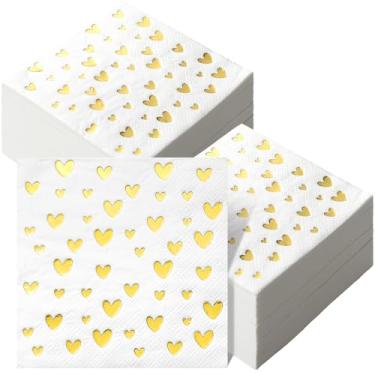 Imagem de Noveread 100 guardanapos de papel para dia dos namorados, guardanapos de jantar com impressão de coração, 3 camadas, folha de ouro branco, guardanapos de noivado, toalha de guardanapo de mão