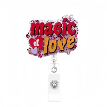 Imagem de Carretel de crachá de dia dos namorados rosa com glitter retrátil clipe de enfermeira fofo com nome de identificação clipes de jacaré acrílico para namorada, carretel de crachá de professor, médico
