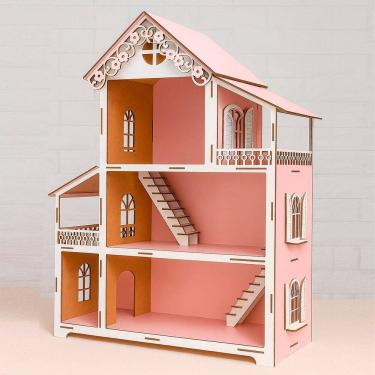 Imagem de Casinha De Boneca Miniatura Rosa Branco Em MDF Barbie 60cm