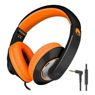 Imagem de rockpapa Comfort+ Fones de ouvido infantis com microfone, meninos e meninas, estudantes, fones de ouvido com fio para sala de aula, laptop, computador, tablet, preto, laranja