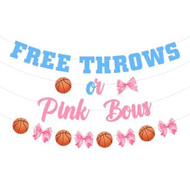 Imagem de JOYMEMO Kit de decorações suspensas para pendurar Free Throws or Pink Bows Gender Reveal - Banner azul e rosa de basquete ou laços, guirlanda de tema esportivo, chá de bebê de boas-vindas para ele ou