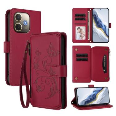 Imagem de Capa carteira para Oppo A5 Pro 4G/A5 Pro 5G com suporte para cartão, bolso com zíper e alça longa - capa fólio de couro com fecho magnético, suporte, capa feminina anti-impressão digital (vermelha)