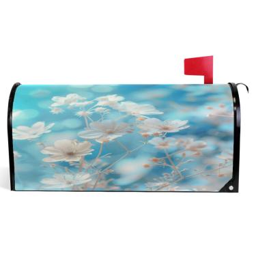 Imagem de TSENQUE Capas decorativas para caixa de correio magnética, outono, caixa de correio, vinil, flores brancas, azul, decoração moderna para caixa de correio, tamanho padrão, 52,5 x 45,8 cm