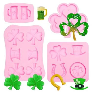 Imagem de Conjunto de moldes de silicone do Dia de São Patrício, design de trevo rosa e caneca de cerveja, moldes para fazer doces com tema de férias, 4 peças de suprimentos de resina para artesanato