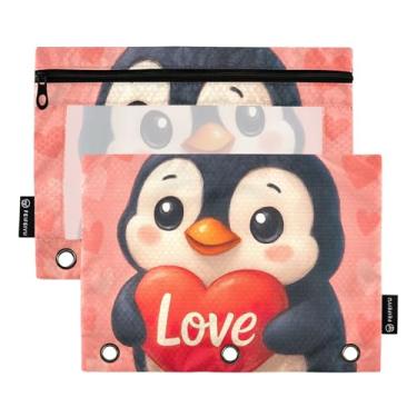 Imagem de Lindo desenho animado pinguim corações vermelhos 3 anéis, bolsa para lápis, fichário com zíper, caneta, escola, fichários, bolsos, crianças 25 x 18 cm, 2 pacotes