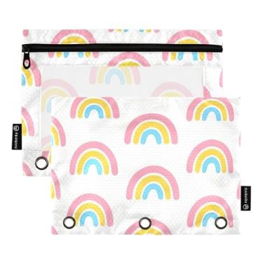 Imagem de Estojo de lápis fofo arco-íris com 3 anéis, fichário com zíper, bolsas, fichários escolares, bolsos transparentes para crianças 25 x 18 cm, 2 pacotes