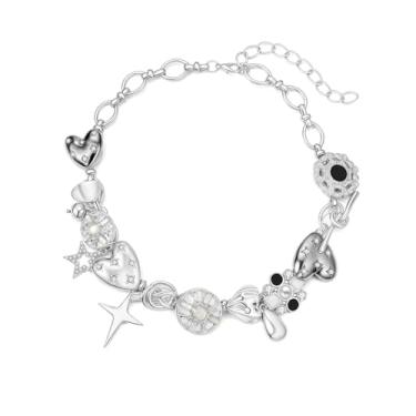 Imagem de ALFISO Colar de prata grosso para mulheres, colar gargantilha com pingente de estrela Y2K, pingente de prata com pingentes de coração e estrela, joia de gargantilha de prata grossa para roupas de rave