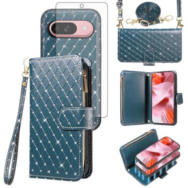Imagem de Compatível com Google Pixel 9/9 Pro 5G Capa carteira com zíper celular protetor de tela de vidro temperado alça transversal com glitter flip porta-cartões capa para celular para Pixel9 9Pro Nove