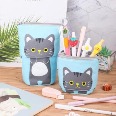 Imagem de Estojo de lápis em pé, estojo telescópico de gato fofo com zíper de lona Kwaii bolsa de lápis de desenho animado
