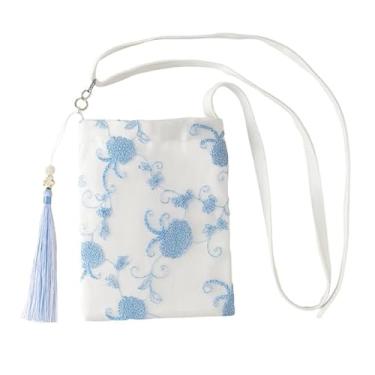 Imagem de Bolsa tiracolo feminina vintage com borla de renda pequena bolsa de ombro quadrada com zíper bolsa de telefone bolsa de mão, Azul, Medium, Mochila casual