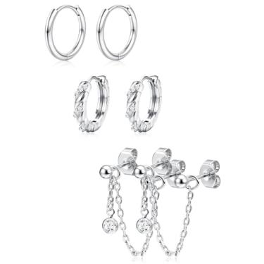 Imagem de ZELORES 3 pares de brincos de argola banhados a ouro 14K para mulheres, conjunto de brincos de argola com pingente de corrente moderna, cartilagem de hélice, brincos para vários piercings, Cobre