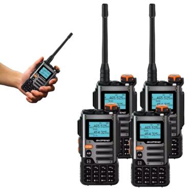 Imagem de Kit 4 Rádio Comunicador Baofeng Tri-band Recarregável Type-c Lanterna Led Bateria Durável 2600mAh Alcance até 10 km Dual