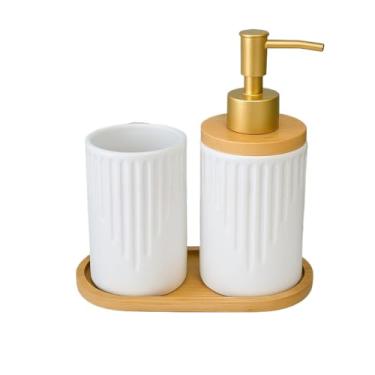 Imagem de Kit Banheiro Cerâmica 2 Peças para Lavabo – Dispenser de Sabonete Líquido e Porta Escova de Dente Decorativo Moderno(PETRA BRANCO)