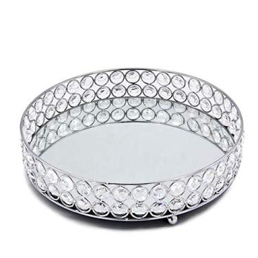 Imagem de Bandeja decorativa prateada redonda espelho decorativo cosméticos caixa de armazenamento bandeja de decoração de casa casamento rack (cor: prata tamanho: 25 cm)