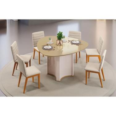 Imagem de Conjunto: Mesa de Cozinha Chanel c/ Tampo Madeirado c/ Vidro Orgânico 136x136cm e 6 Cadeiras Sofia Off White/Dourado - Ipe/Linho Neve - DJ Móveis