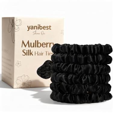 Imagem de Yanibest 6 elásticos elásticos 100% seda amoreira, antiderrapante, sem danos, laços de cabelo de seda para mulheres e meninas, preto