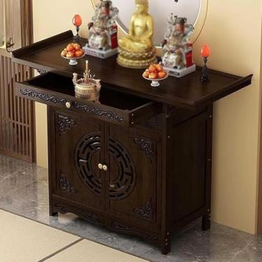 Imagem de Mesa de meditação com armário, suporte de santuário de Buda chinês, nicho de adoração pessoal para sala de estar, escritório e quarto, Deus da riqueza, marrom, 80 cm