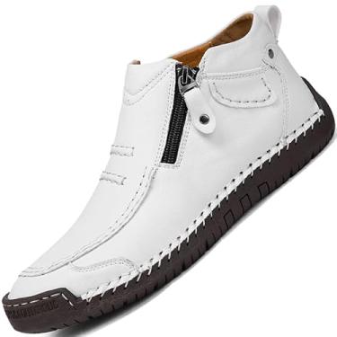 Imagem de Botas masculinas de cano alto mocassins Chelsea couro casual vestido masculino branco cáqui marrom preto azul tamanho bota masculina formal oxford, Branco, 41