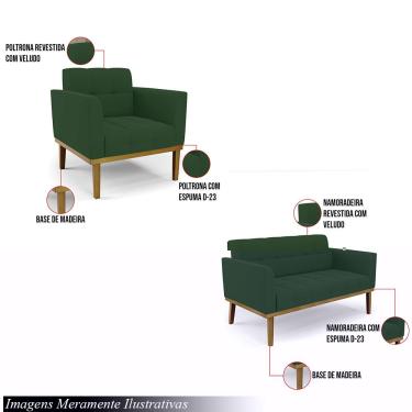 Imagem de Conjunto 2 Poltronas e 1 Namoradeira Decorativa Karen Pés Fixo em Madeira Castanho Veludo Verde Esmeralda G19 - Gran Belo
