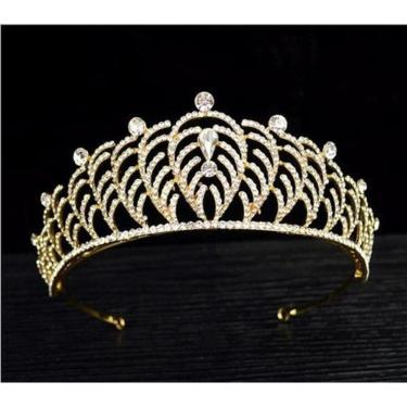 Imagem de Coroa Tiara Arranjo Cabelo Noiva Strass Dourada Debutante