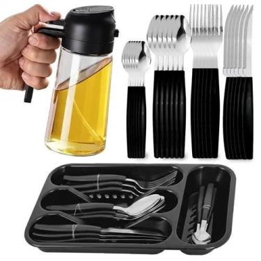 Imagem de Kit Talheres 25 Peças Aço Inox com Azeiteiro em Spray 500ml Vidro Pret